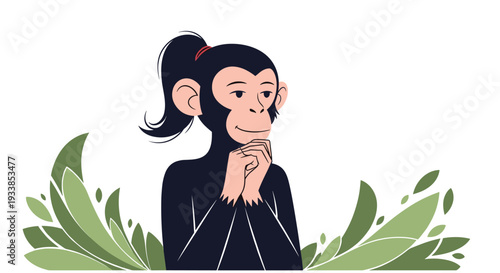Smiling female chimpanzee character with black hair styled in a ponytail standing among green tropical leaf plants.