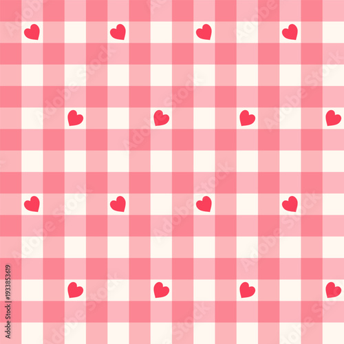 Seamless pattern with hearts on pink and white gingham background. Pink plaid check texture. Romantic wallpaper.