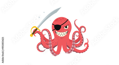 Angry red octopus character dressed as pirate with black eye patch holding sharp sword with multiple tentacles.