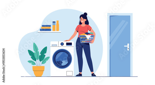 Young woman standing in a laundry room holding basket of dirty clothes next to white front-load washing machine.