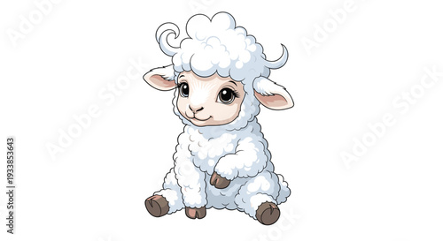 Adorable fluffy white baby lamb animal sitting peacefully with a gentle smile isolated on a clean white background.