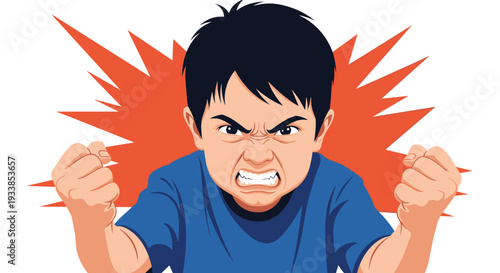 Young boy feeling very angry with clenched fists and frustrated facial expression against orange blast background.