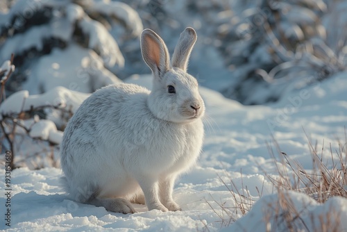 A rabbit sits quietly on the snow in the Arctic. The ground is covered in white snow with some grass peeking through. Nearby bushes are visible in the background.