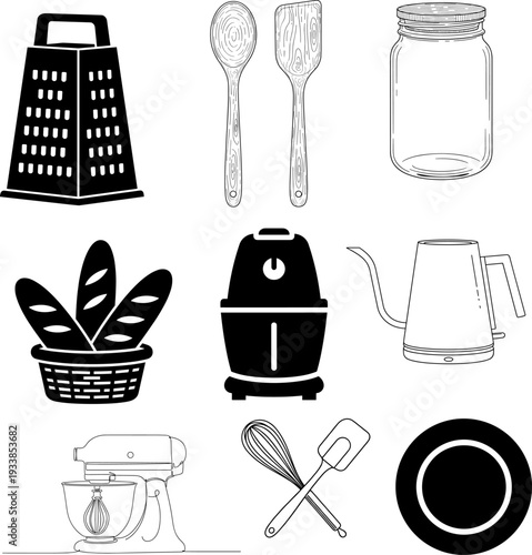 Essential Kitchen Tools & Appliances Vector Set: Modern Black Silhouettes and Outline Icons for Cooking, Baking, and Home Culinary Designs - Perfect for Websites, Apps, and Menus