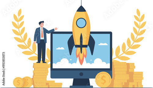 Startup business growth illustration, entrepreneur on coins, rocket launch from computer, financial success, digital innovation, prosperity achievement concept design