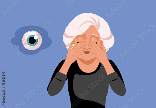 Senior Woman Suffering from Burning Eye Sensation Vector Illustration. Elderly lady experiencing stinging or ocular pain

