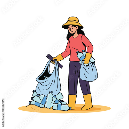 Illustration of a gardener collecting debris in a sack outdoors with gardening tools in hand standing on a dirt patch