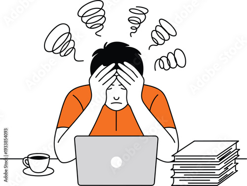 Stressed man feeling overwhelmed by heavy workload at desk with laptop coffee and documents, burnout and mental health at work,