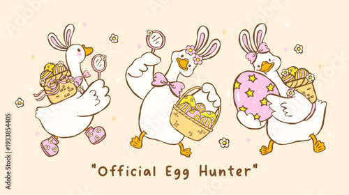 Cute pastel silly easter goose bunny ear carrying egg basket cartoon cottage spring hand drawn set