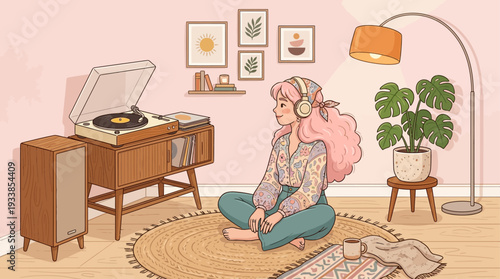 Cute Boho Girl Listening to Vinyl Record – Pastel Aesthetic Illustration