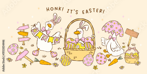 Cute pastel silly easter goose bunny ear celebrating with eggs cartoon cottage spring hand drawn set