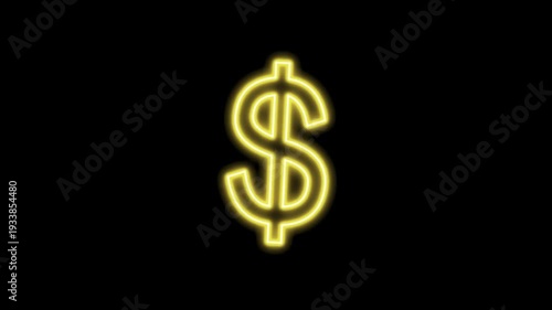 Golden neon dollar sign glowing currency symbol for finance and business isolated on transparent background