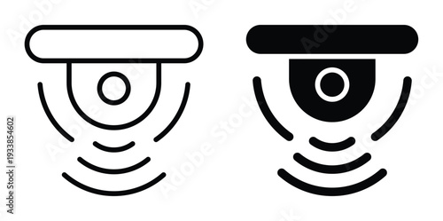 Black and White Illustration of Security Camera with Waves and Sensors