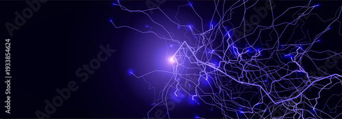 Thunder Storm Lightning Power Neon Effect Energy Line Background. Spark Flash Black Blue Charge. Realistic Shock Bolt Purple Glow Bright. Lightening Strike Storm Thunderbolt. Vector illustration