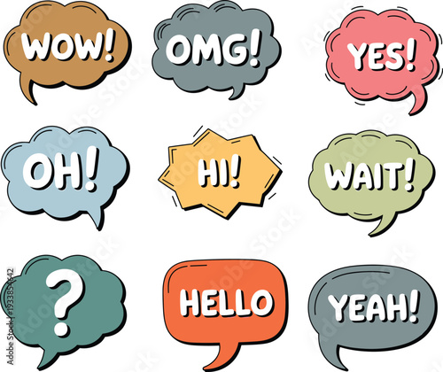 Comic speech bubbles set with text wow omg yes hello yeah vector illustration colorful hand drawn style