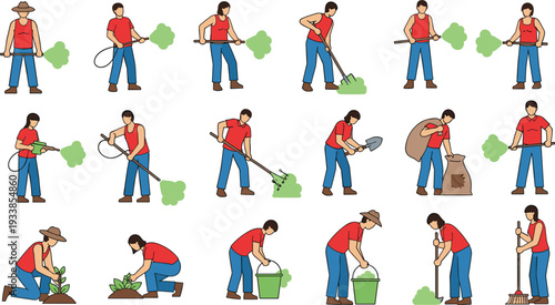 Set of farm and garden laborer characters featuring men and women planting weeding spraying crops and using tools like shovels rakes and buckets for agricultural and landscaping illustration.