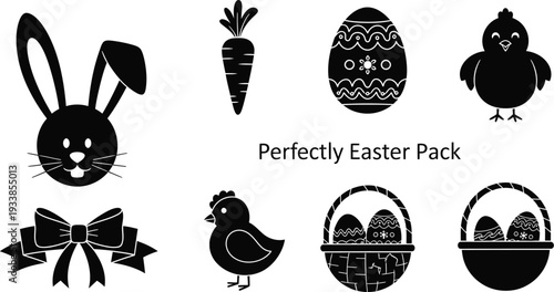 Perfectly Easter Pack featuring rabbit, egg, chick, and basket icons in black