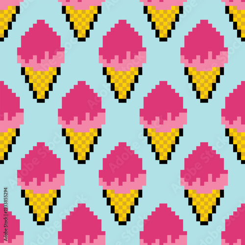Seamless pattern with 8 bit retro style ice cream pixel art