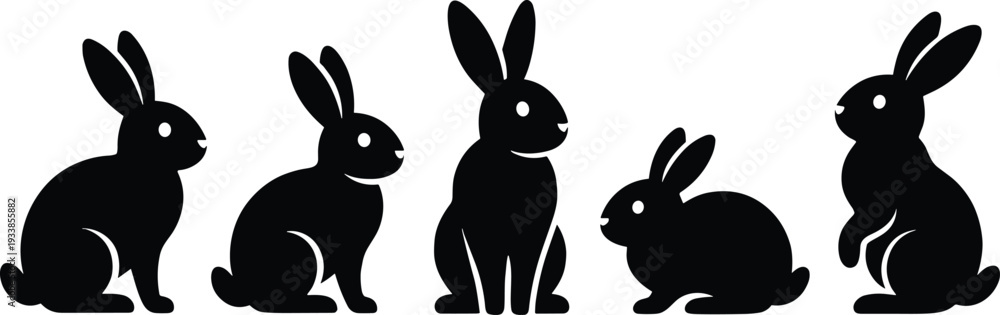 Fototapeta premium Rabbit silhouette illustration set, animal nature artwork, bunny pose vector design, wildlife graphic icon, black white hare symbol