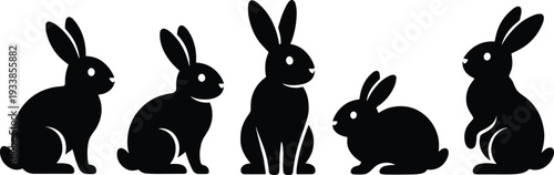 Rabbit silhouette illustration set, animal nature artwork, bunny pose vector design, wildlife graphic icon, black white hare symbol