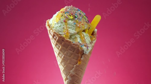 Wallpaper Mural Ice cream in a waffle cone slowly rotates around its axis against a bright background, sprinkled with colorful edible confetti on top. Torontodigital.ca