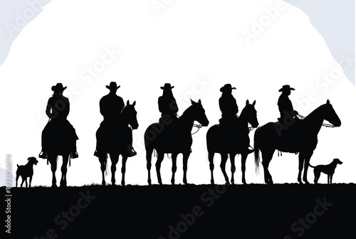Cowboy horse rider silhouette illustration set, western ranch artwork, rural lifestyle vector design, cultural graphic icon, black white frontier symbol