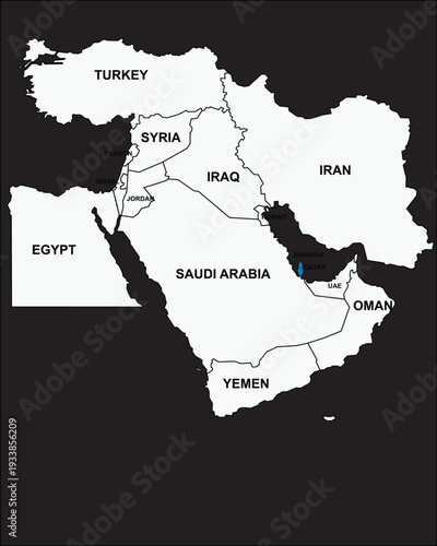 Middle East map with country borders political geog