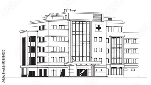 Modern multistory hospital building with a medical cross facade and surrounding structure.