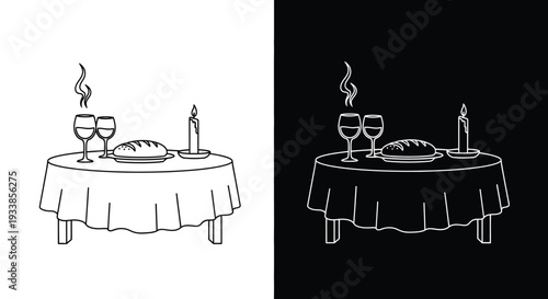 Romantic dinner table setting vector illustration with wine glasses, bread, and a glowing candle for special occasions.