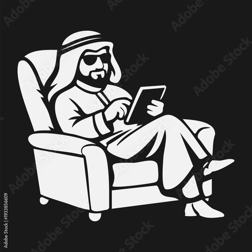 Arab Man Sitting on Armchair Using Tablet Illustration