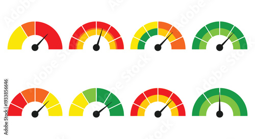 Vector illustration of colorful gauge indicators showing various levels from low- to high-risk performance and measurement.
