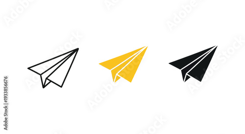 Collection of three distinct paper airplane icons representing communication and simple flight design elements