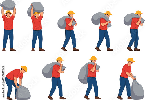 Set of manual laborer characters in red shirts and hard hats carrying heavy grey walking and for logistics agriculture and industrial warehouse illustration.