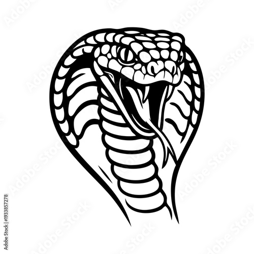Dibujo sencillo con líneas de la cabeza de una serpiente cobra enojada enseñando los colmillos y la lengua bífida 