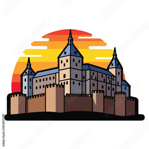 Illustration of a majestic medieval castle with towers and battlements at sunset with vibrant orange and red hues