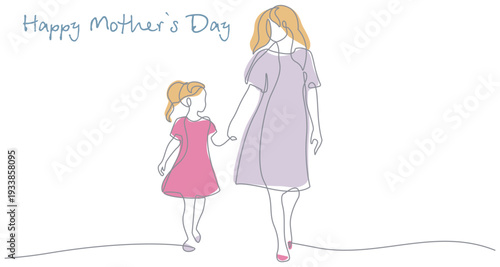 Happy Mother`s Day Line Art Drawing. Continuous Single Line Drawing of Mother and Daughter Walking Together. Happy Family Hand Drawn Linear Silhouette Minimalist Style Vector Illustration