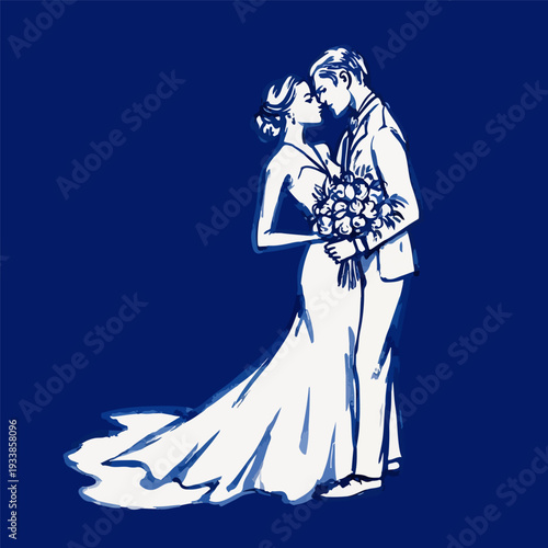 Happy Wedding Couple in Hand Drawn Charcoal Style.  Wedding Card Design with Happy Couple in Chalk, Sketch Line Drawing Style. Vector Minimalist Line Art Wedding Design.