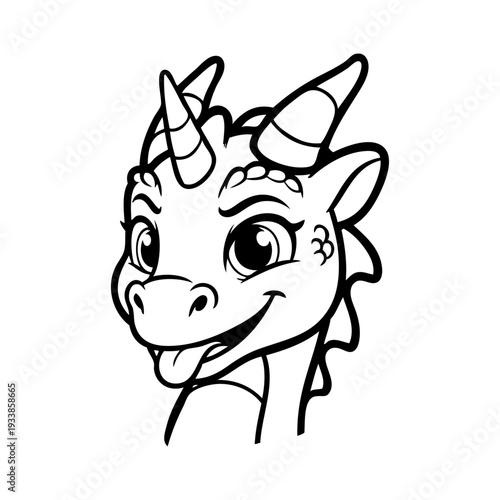 Dibujo sencillo con líneas de la cabeza de un bebé dinosaurio o dragón simpático enseñando la lengua 