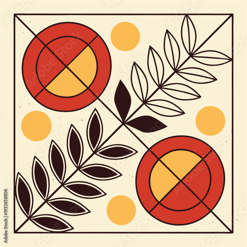 Minimalist illustration of a person walking and looking at a phone within an abstract geometric frame, using red, black, and yellow.
