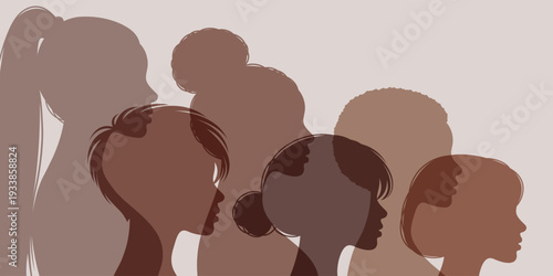 Diverse women silhouettes in warm neutral colors for Women History Month celebration different hairstyles multicultural female faces unity sisterhood empowerment equality