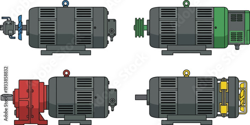 Electric motors in various configurations and colors for industrial use