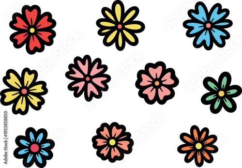 An illustration of nine colorful flowers arranged in a three-by-three grid pattern, featuring various vibrant hues and simple designs.
