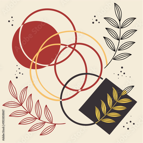 Minimalist illustration of a person walking and looking at a phone within an abstract geometric frame, using red, black, and yellow.
