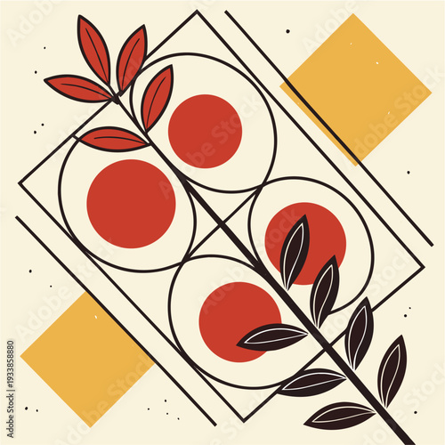 Minimalist illustration of a person walking and looking at a phone within an abstract geometric frame, using red, black, and yellow.
