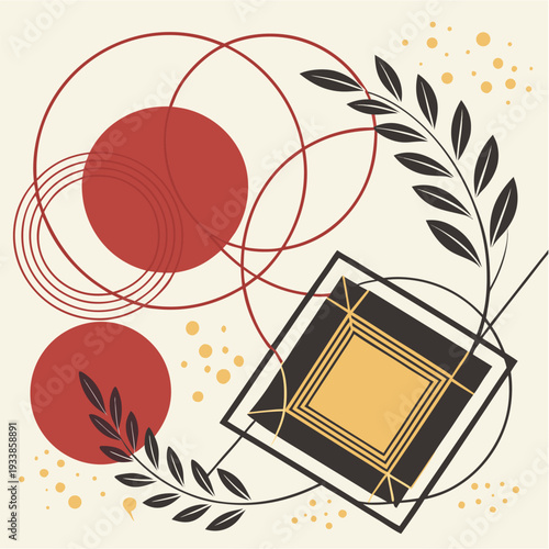 Minimalist illustration of a person walking and looking at a phone within an abstract geometric frame, using red, black, and yellow.
