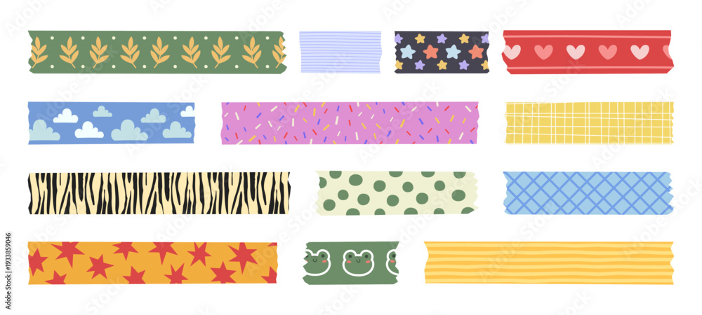 Obraz premium Cute washi tape collection with adorable pattern, floral design, and pastel hearts, animal zebra print and frogs. Vector border elements for scrapbooking, sticky ribbons or craft diary decoration