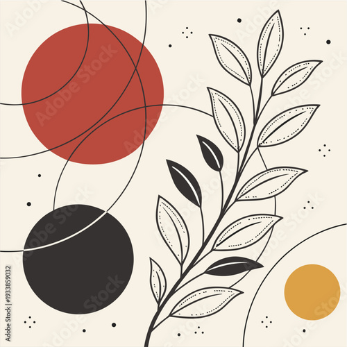 Minimalist illustration of a person walking and looking at a phone within an abstract geometric frame, using red, black, and yellow.
