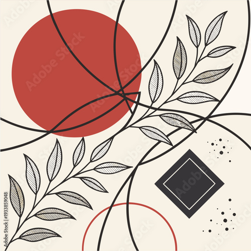 Minimalist illustration of a person walking and looking at a phone within an abstract geometric frame, using red, black, and yellow.
