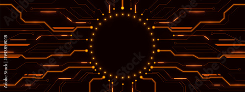 AI circuit board pattern with glowing golden lines and round frame, digital tech vector background. Futuristic electronic design, cyber portal frame, high-tech data visualization concept