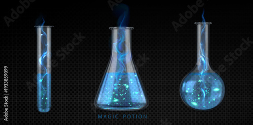 Magical potion elixir bottle with glowing blue smoke swirls and mystical smoke effects, realisctic vector illustrations. Lab glassware flask full of liquid, fantasy spell designe elements